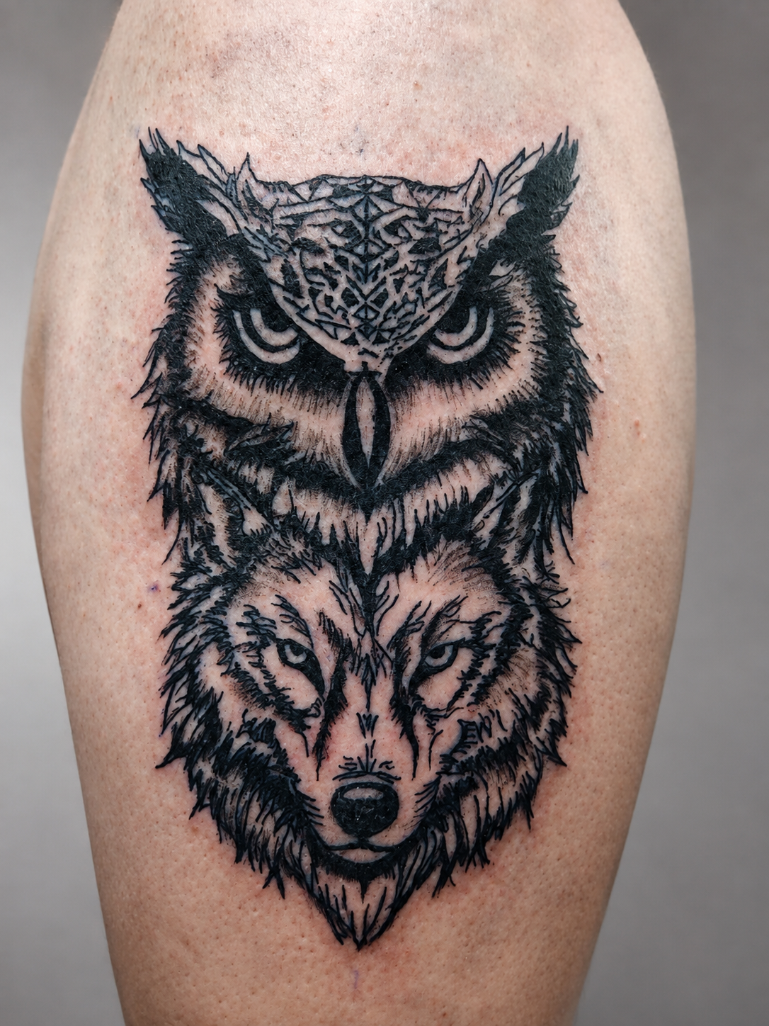 Owl & Wolf tattoo by Sam at Be My Canvas